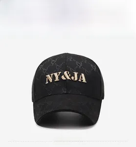 Detailed front view of black baseball cap with 3D NY&JA embroidery and jacquard pattern
