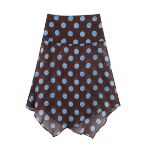 Deep brown polka dot midi skirt with asymmetrical hem and high waist for women