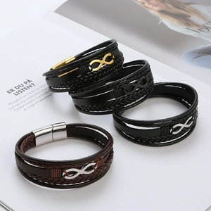 Stack of four multilayer leather bracelets with infinity symbols and metal clasps