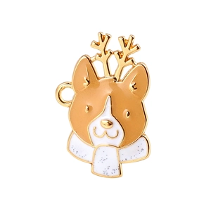 Close-up of enamel corgi charm with reindeer antlers and scarf for DIY jewelry making