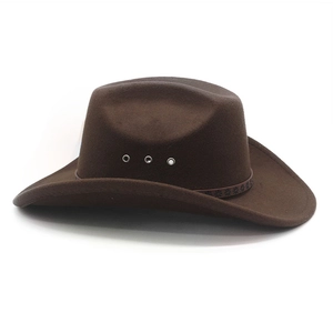 Detail of dark brown wool felt cowboy hat with silver vents and embossed leather band