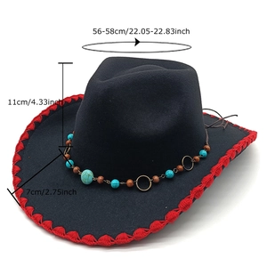 Black wool felt western cowboy hat with red stitched brim and ethnic beaded band detail