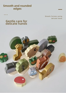 Detail of wooden animal balancing blocks featuring smooth edges and matte paint finish
