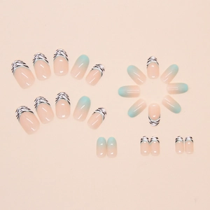 Press-on nails with zebra patterns and teal gradients in rounded oval shape, 24 pieces set