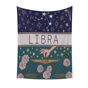 Detail of Libra zodiac tapestry featuring starry sky and pink rose on polyester fabric