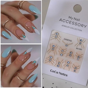 French style nail stickers with light blue crystals and gold metallic lines, model MJ-065