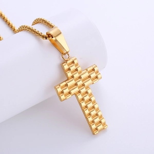Hip Hop 18K Gold Plated 316L Stainless Steel Cross Pendant Necklace For Men Women Checkered Texture Box Chain Religious Jewelry