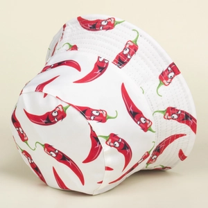 Detail shot of white bucket hat with cute cartoon chili print and high quality stitching