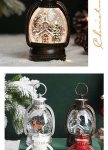 Detail showing vintage LED Christmas lanterns with internal church and reindeer scenes