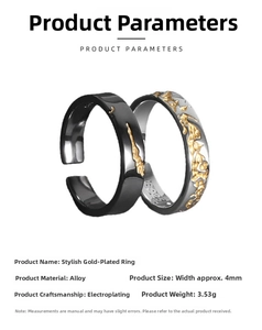 Detail view of adjustable black and silver alloy rings with golden textured gilding
