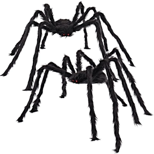 Giant plush Halloween black spiders with red eyes for spooky outdoor party decorations