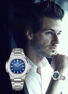 Men's sleek quartz watch with silver steel strap, blue striped dial and date window