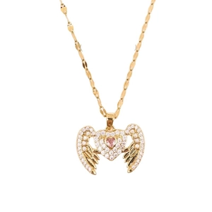 Golden titanium steel necklace with pink heart zircon pendant and crystal wings