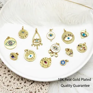 Evil Eye Pendant Charm DIY Jewelry Making 18K Gold Plated Copper Micro Pave Cubic Zirconia Enamel Heart Round Shape