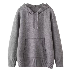 Women Knitted Hoodie Loose Long Sleeve Drawstring Solid Color Kangaroo Pocket Casual Sweatshirt