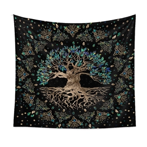 Artistic Tree of Life tapestry with colorful leaves and Celtic mandala on black fabric