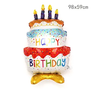 Three-layer birthday cake castle foil balloon with colorful candles and cloud base