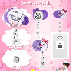 Purple glitter acrylic capsule nurse badge reel with 360-degree rotating alligator clip
