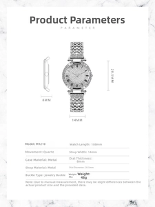 Detailed specs of the rhinestone quartz watch with case diameter 28.5mm and 8mm thickness