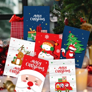 Set of 6 Christmas greeting cards featuring Santa, reindeer, and snowman designs with envelopes