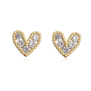 Close-up of 18K gold plated heart stud earrings with white zircon stone setting
