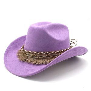 Detail of purple faux suede cowboy hat featuring woven band, metal chain, and fine tassels