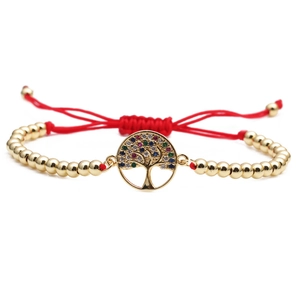 Adjustable Tree of Life bracelet with colorful cubic zirconia and red pull string