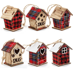 Set of 6 wooden Christmas house ornaments with red plaid fabric and hanging jute ropes