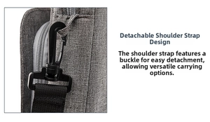 Detail of the durable black plastic swivel hook and detachable strap on a grey laptop bag