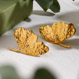Hammered texture golden ginkgo leaf drop earrings made of durable titanium steel