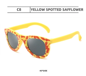 Detailed 45-degree side view of yellow spotted camouflage party glasses for kids