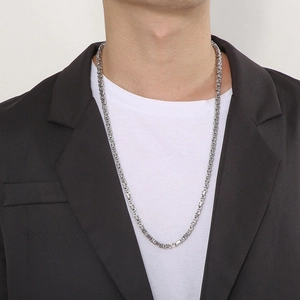 Detailed view of 5mm stainless steel box chain necklace worn by a male model