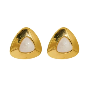 Elegant gold triangular earrings with pearl finish centers on a white background
