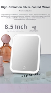 Detail of 8.5-inch rectangular LED makeup mirror with high-definition silver-plated glass