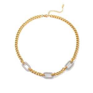Collana a maglie cubane bicolore in oro e argento con anelli ovali incastonati di diamanti