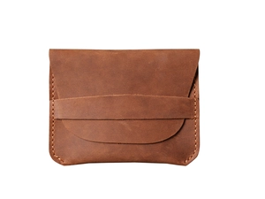 Close-up of brown crazy horse leather card holder with retro handmade stitching detail