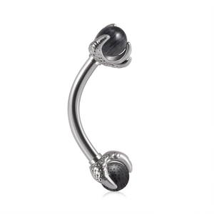 Detailed view of silver stainless steel curved barbell with dragon claw holding a grey stone