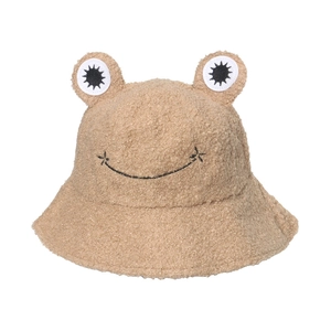 Cute brown plush frog bucket hat for winter made of cozy faux lamb wool fabric