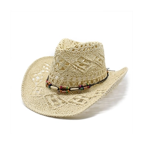 Cappello di paglia stile denim vintage con motivi a diamante e perline di legno etniche