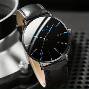 Minimalist business watch for men with black leather strap and blue markers