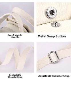 Canvas handbag details showing comfortable handles, metal snap buttons and adjustable strap