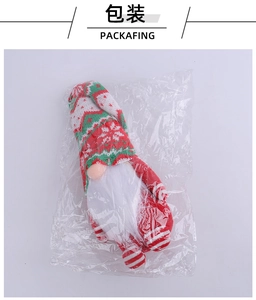 Close-up of a Christmas gnome doll with a knitted hat inside transparent packaging
