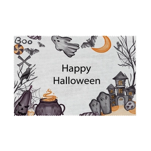 Halloween placemat featuring festive ghosts and pumpkin motifs on linen texture