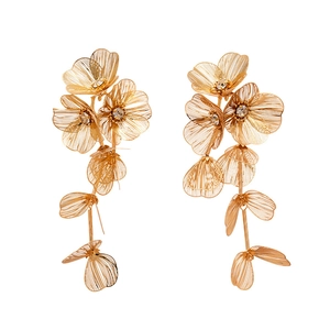 Elegant gold woven flower drop earrings with sparkling rhinestones on a white background