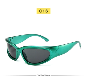 Detail view of metallic green Y2K futuristic wrap cycling sunglasses with dark grey lenses