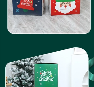 Detail showing various Christmas gift boxes with festive patterns on light wood floor