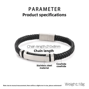 Detail view of woven leather bracelet with stainless steel clasp and size specifications