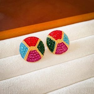 Vintage court style gold round studs with colorful crystals in cross pattern design