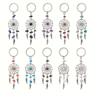 Dreamcatcher Keychain With Natural Crystal Crushed Stone Alloy Feather Pendant Bohemian Ethnic Bag Charm Hanging Decor