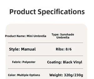 Detailed specifications chart for mini travel umbrella with UV protection coating